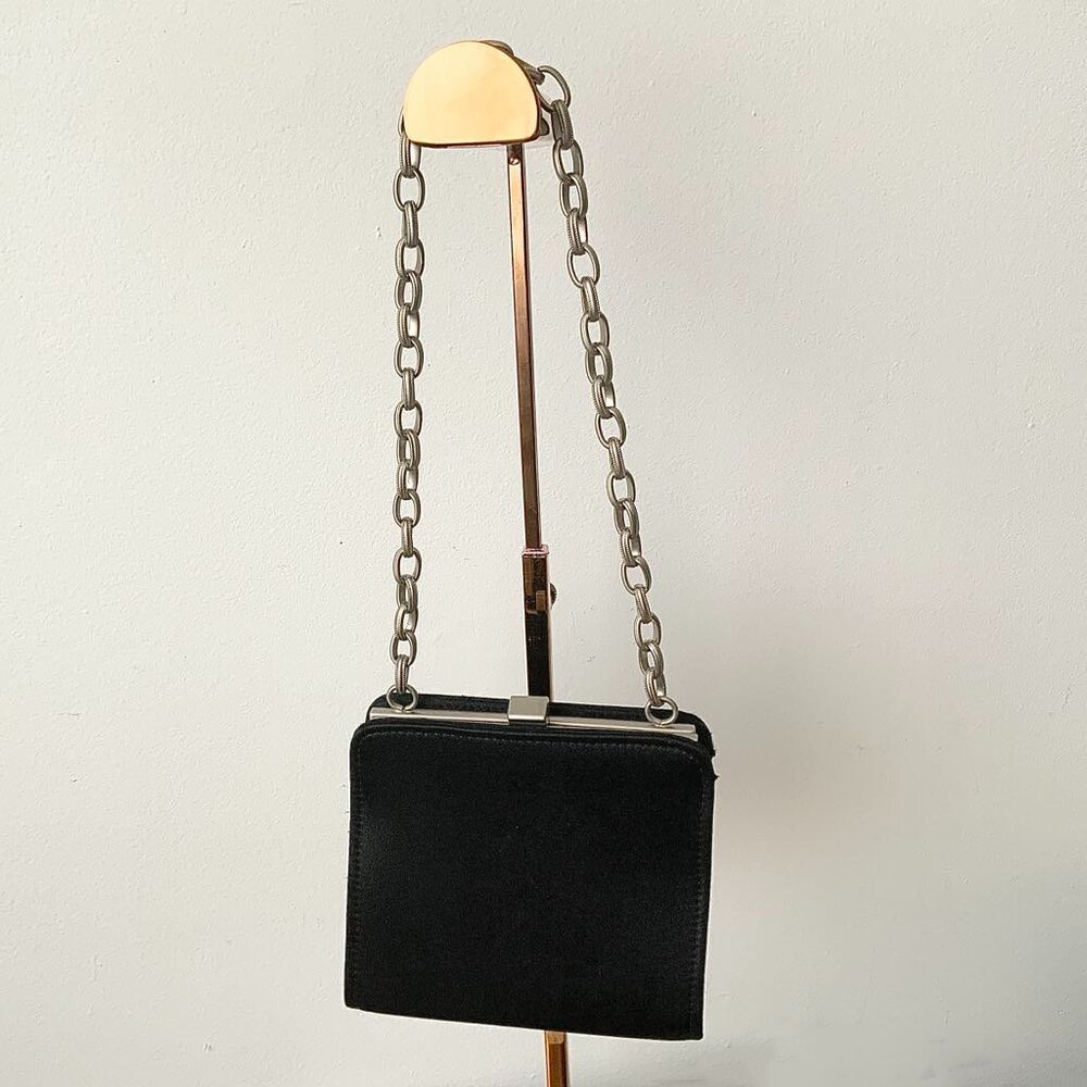 Mini Black Satin Handbag with Silver Chain Top Handle